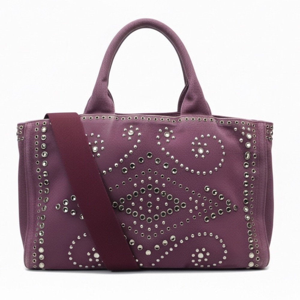 PRADA Canapa Bijoux 2-Way Wine Red Canvas Tote Bag Adorned with Crystals & Studs
